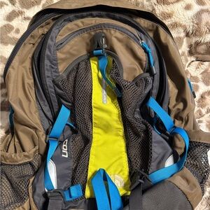 Brown and Blue Backpack with Yellow Accents